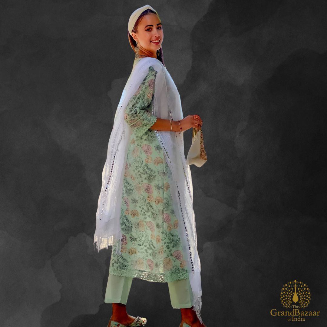 Light Green kurti set with printed florals