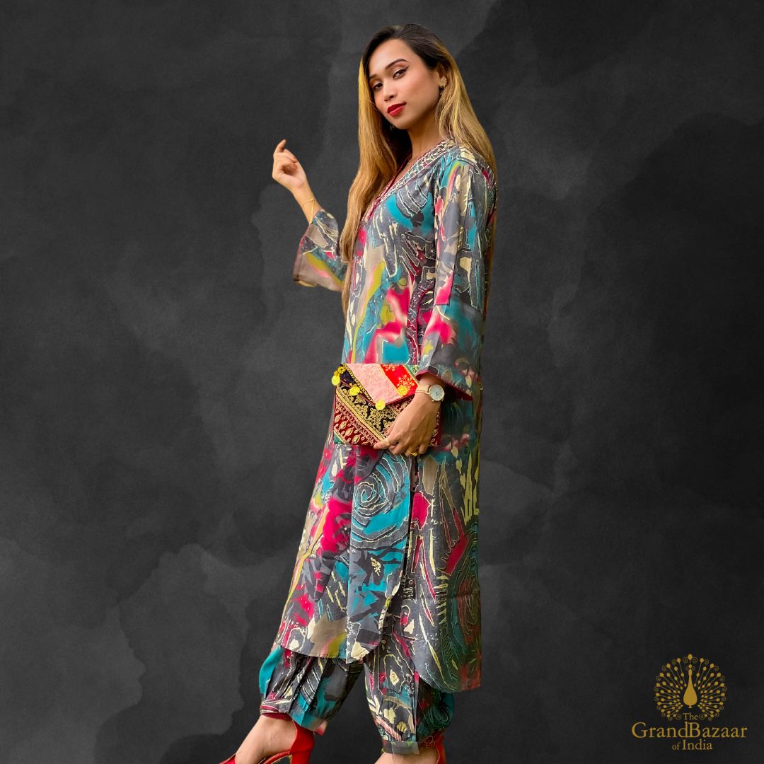 Dark grey kurti set with light blue and pink block prints