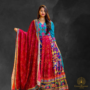 Colorful Long Gown with printed red Dupatta