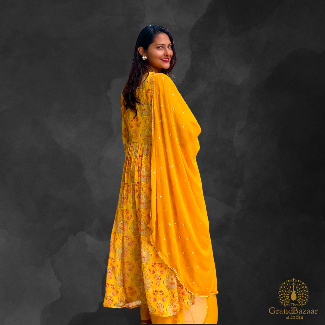 Yellow Kurti Full set with printed red flowers