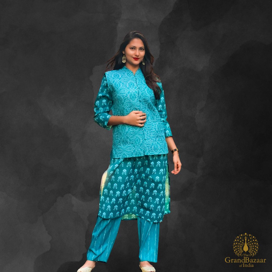 Green kurti set with block prints and a jacket