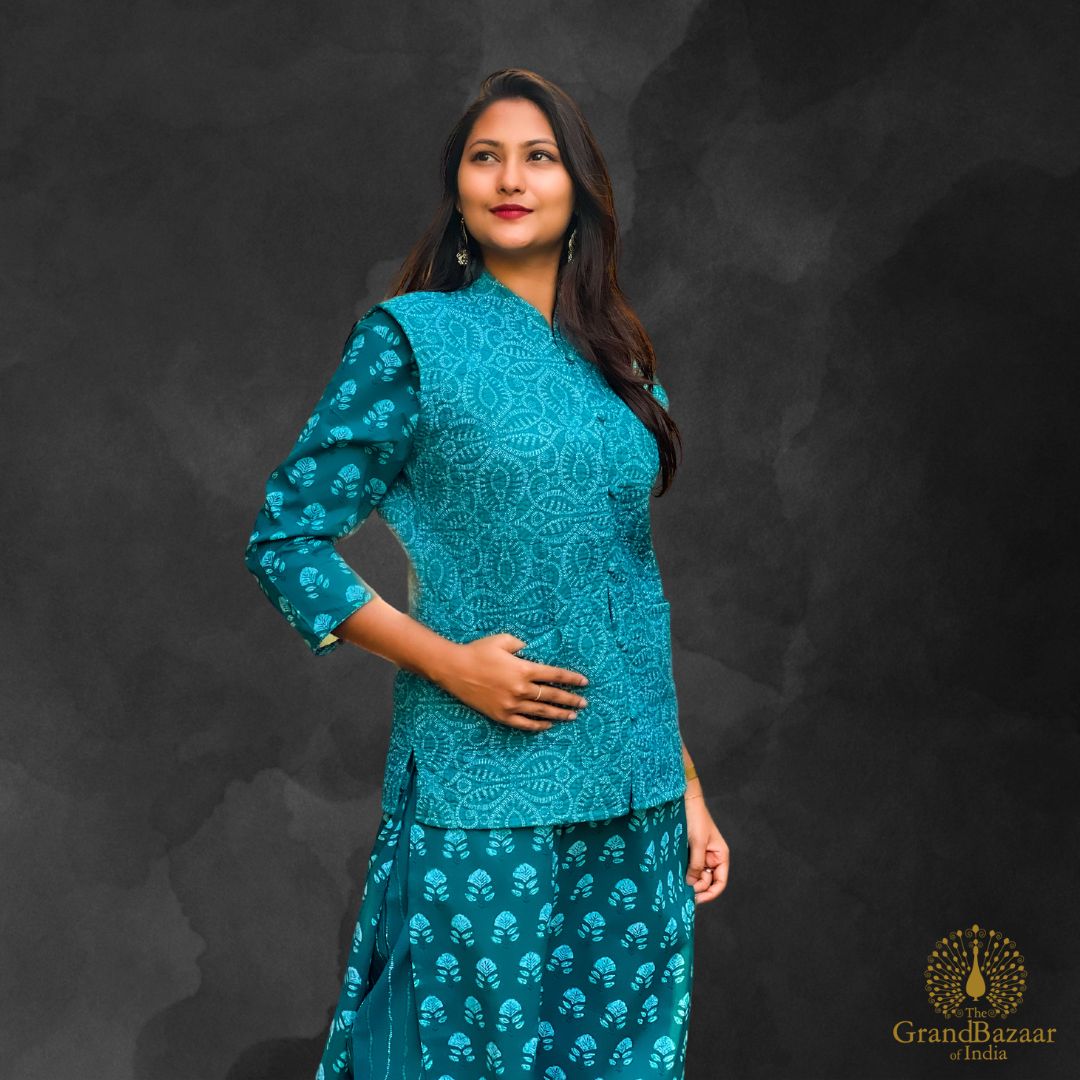 Green kurti set with block prints and a jacket