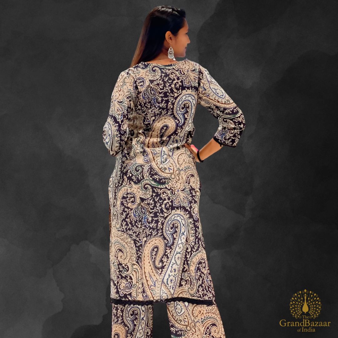 Black kurti set with kashmiri block prints