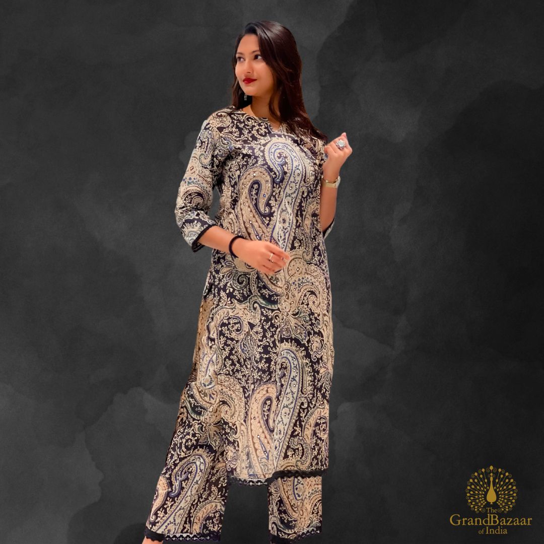 Black kurti set with kashmiri block prints