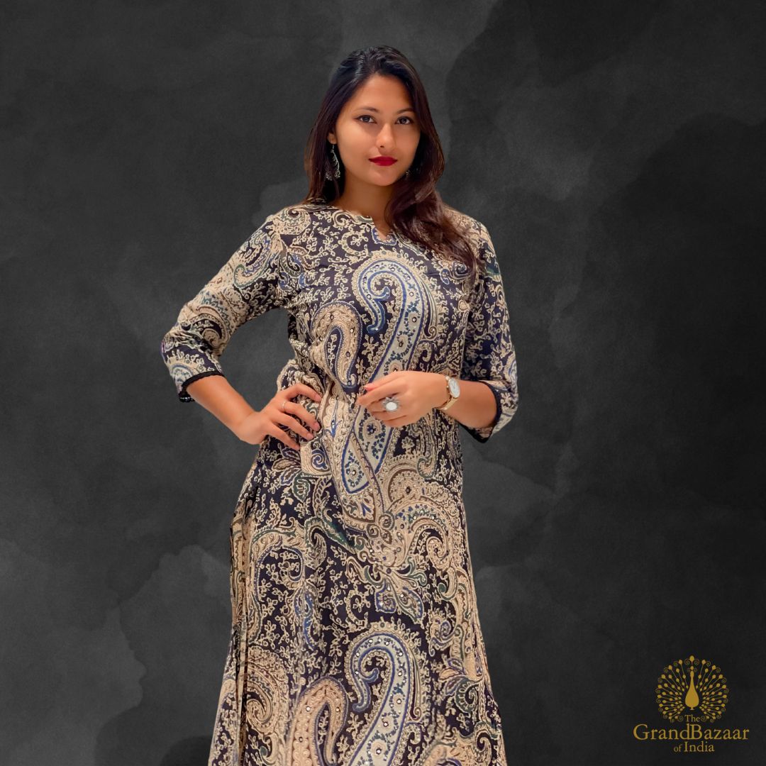 Black kurti set with kashmiri block prints