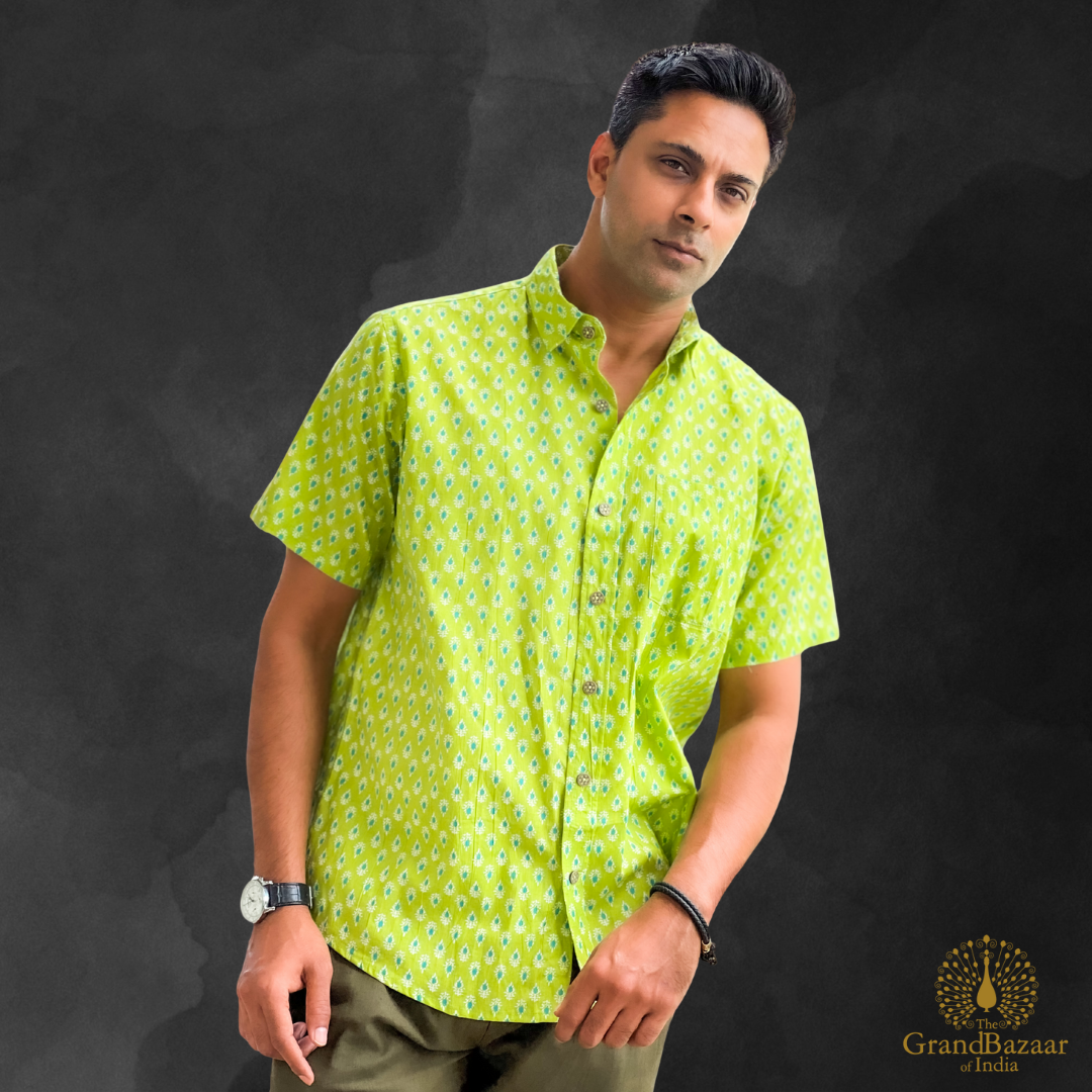 Men's Lime Green Printed Cotton Short-Sleeve Shirt The Grand Bazaar of India | Online Men's Lime Green Printed Cotton Short-Sleeve Shirt The Grand Bazaar of India | Online