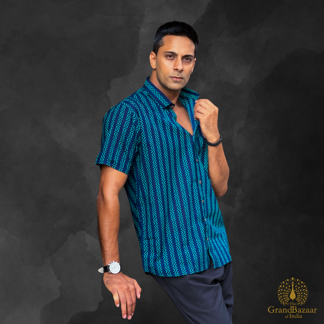 Azure Zig-Zag Hand-Block Printed Cotton Shirt (MSHIRT-HALF-31-FEB26)