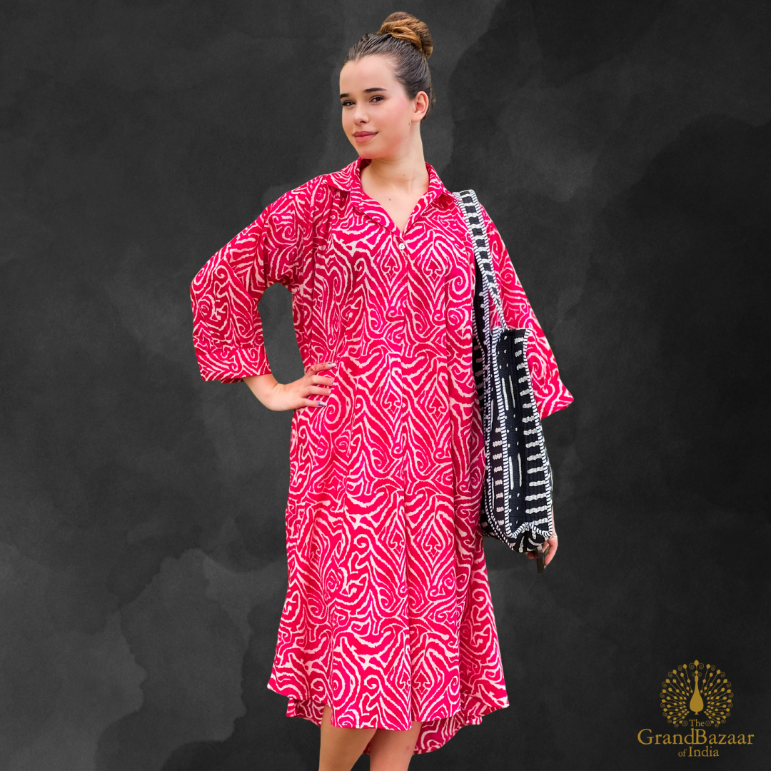 Fuchsia Swirl Artisan Cotton Shirt Dress (COTTON-DRESS-08-FEB26)