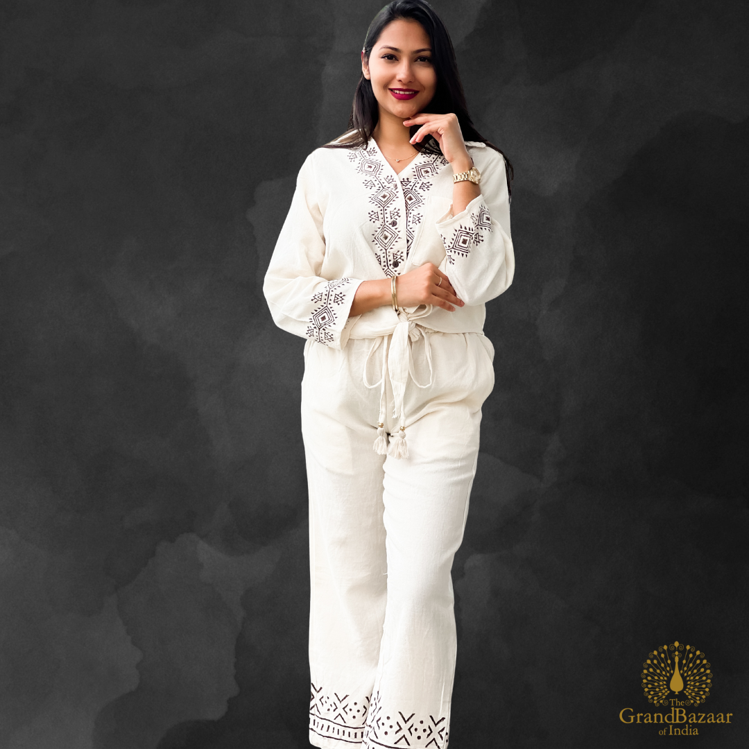 Women’s Cotton Embroidered Co-Ord Set – Off White (CST-28-JL25)