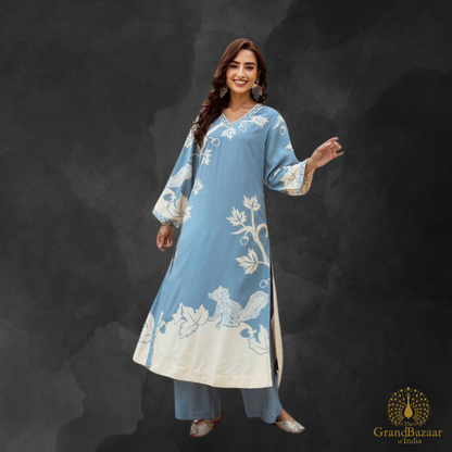 Serene Sky Blue Printed Cotton Kurti Set