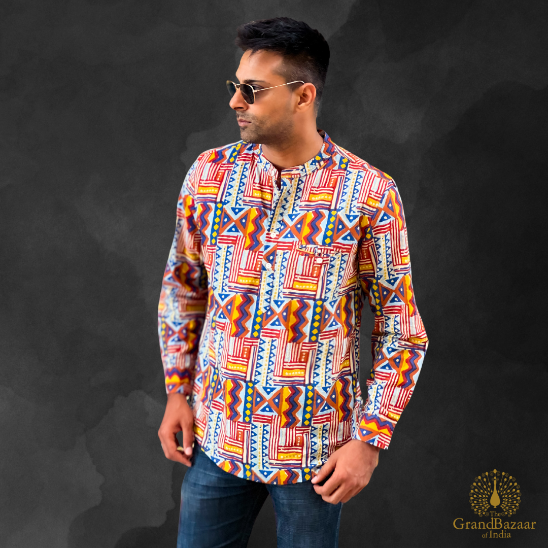 Vibrant Tribal Print Full-Sleeve Shirt (MSHORT-KURTA-20-S24)