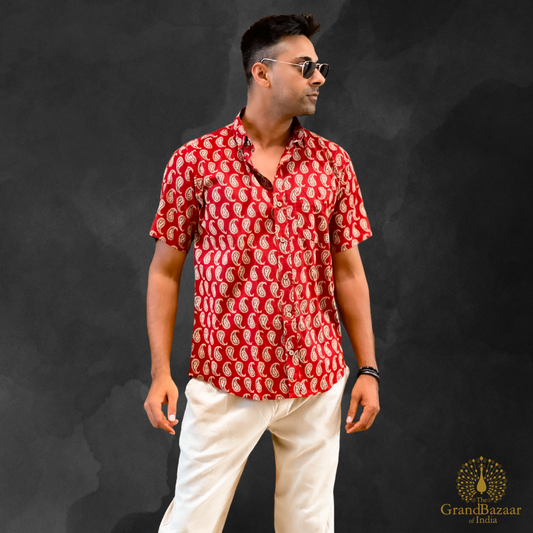 Men's Red Paisley Print Short Sleeve Shirt- 18 S24