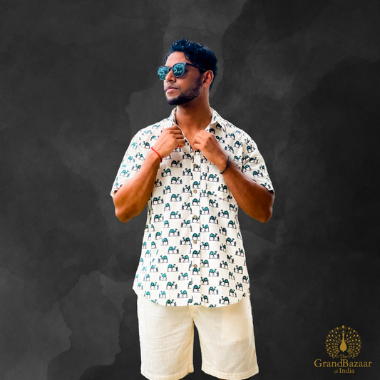 Men's Handblock Print Cotton Shirt – Ivory Elephant Motif (MSHIRT-HALF-21-S24)