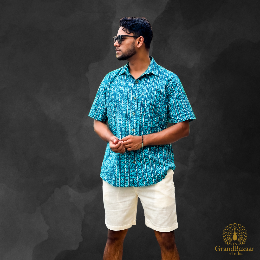 Men's Printed Cotton Short-Sleeve Shirt – Teal Ethnic Pattern (MSHIRT-HALF-28-S24)