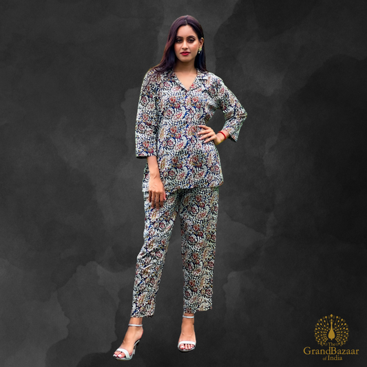 Women's Hand-Block Printed Cotton Co-ord Set – Floral Elegance (CST-25-S24)