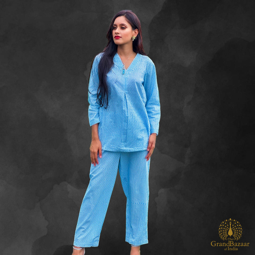 Sky Blue Printed Cotton Co-ord Set – Casual & Ethnic Wear (CST-20-S24)