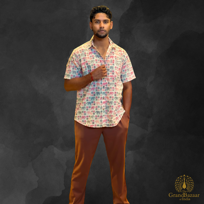 Men’s Ethnic Elephant Print Short-Sleeve Shirt (MSHIRT-HALF-24-S24)