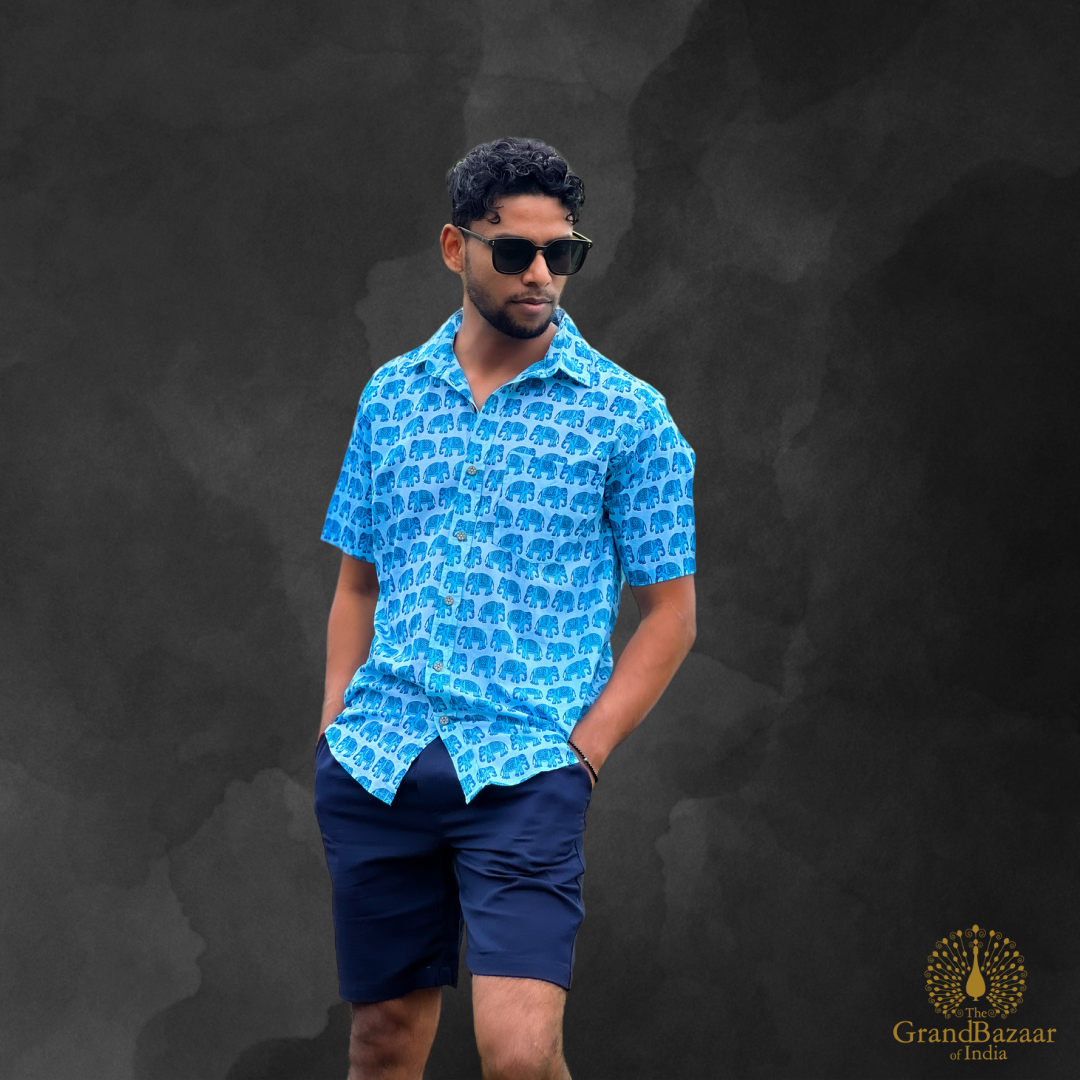 Men’s Blue Elephant Print Short-Sleeve Shirt (MSHIRT-HALF-27-S24)