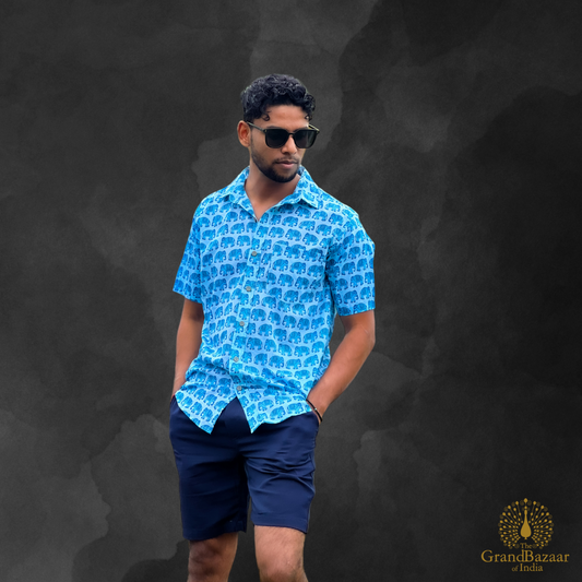 Men’s Blue Elephant Print Short-Sleeve Shirt (MSHIRT-HALF-27-S24)