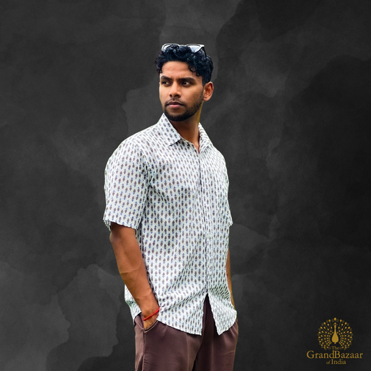Hand-Block Printed Cotton Shirt – Classic Indigo Motif (MSHIRT-HALF-04-S24)