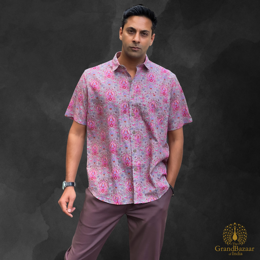 Men’s Handcrafted Cotton Printed Shirt – Pink & Grey Floral Motif (MSHIRT-HALF-29-JL25)