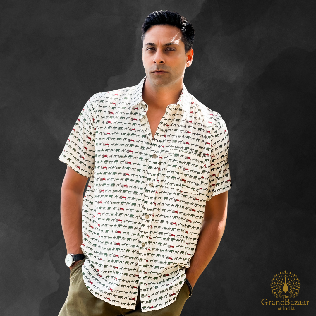 Men’s Cotton Printed Shirt – Elephant Motif Design(MSHIRT-HALF-20-JL25)