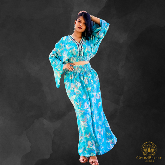 Elegant Blue Floral Printed Co-ord Set