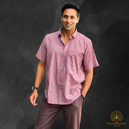 Men’s Handwoven Cotton Striped Shirt – Pink & White(MSHIRT-HALF-31-JL25)