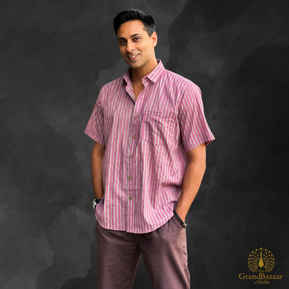 Men’s Handwoven Cotton Striped Shirt – Pink & White(MSHIRT-HALF-31-JL25)
