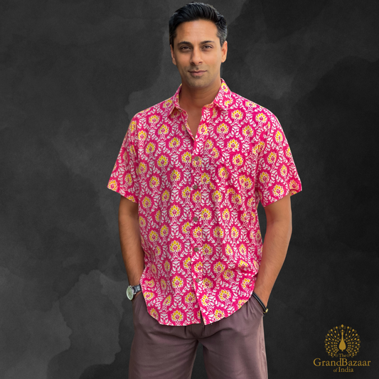 Men’s Cotton Printed Shirt – Vibrant Pink & Yellow Floral(MSHIRT-HALF-35-JL25)