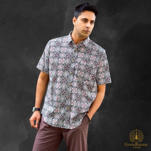 Men’s Cotton Printed Shirt – Black & White Geometric Tile Pattern(MSHIRT-HALF-33-JL25)