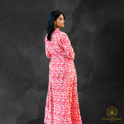 Women's Red Floral Printed Cotton Maxi Dress