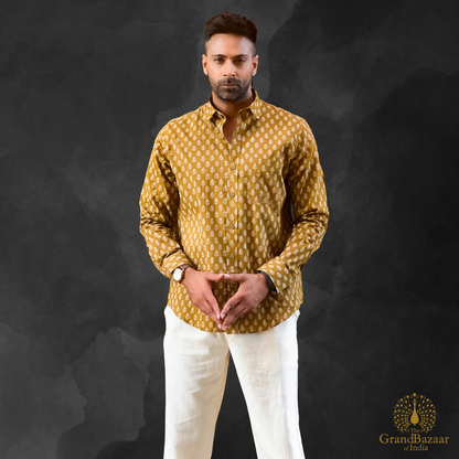 Men's Mustard Yellow Printed Cotton Shirt - 39 S24