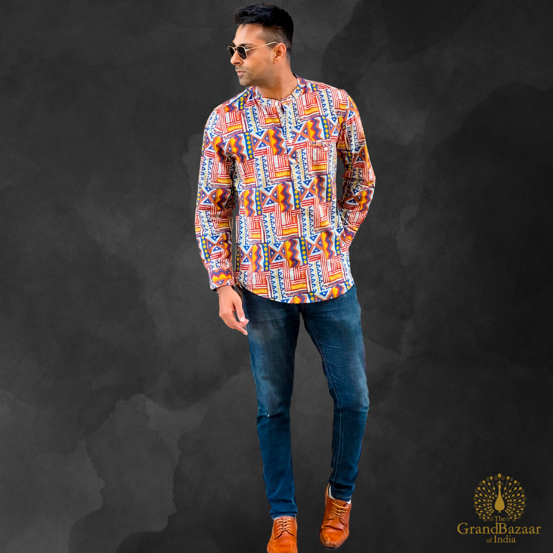 Vibrant Tribal Print Full-Sleeve Shirt (MSHORT-KURTA-20-S24)