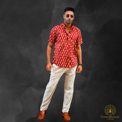 Men's Red Paisley Print Short Sleeve Shirt- 18 S24