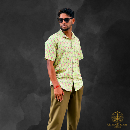 Men's Ikat Print Cotton Shirt – Pastel Green (MSHIRT-HALF-30-S24)
