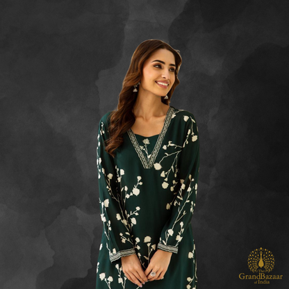 Elegant Forest Green Floral Kurti Set