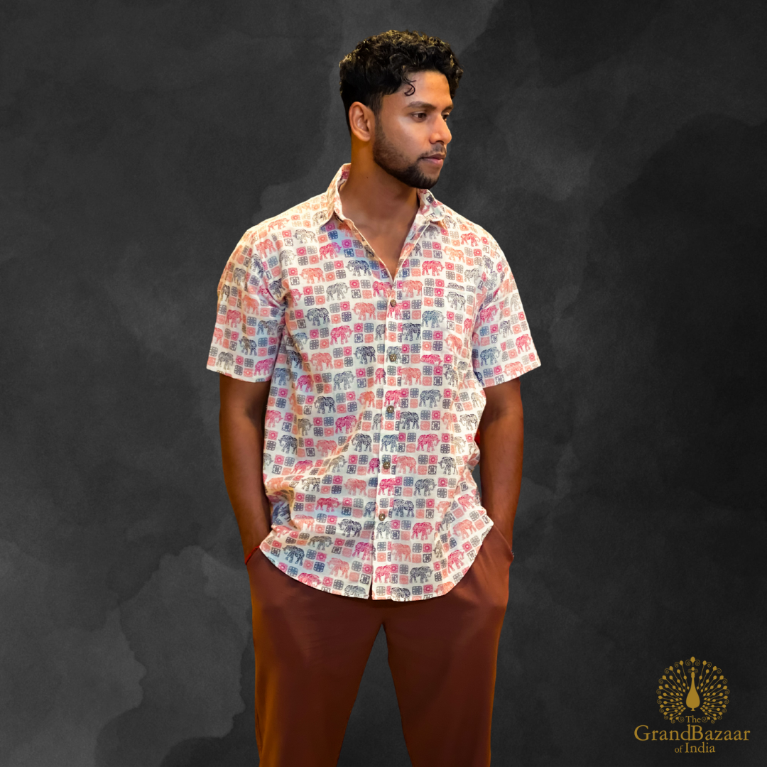 Men’s Ethnic Elephant Print Short-Sleeve Shirt (MSHIRT-HALF-24-S24)