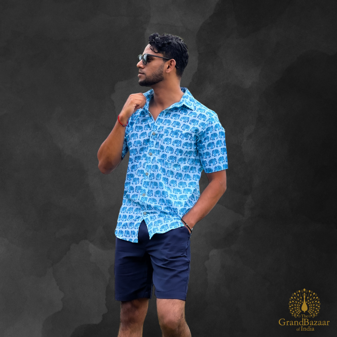 Men’s Blue Elephant Print Short-Sleeve Shirt (MSHIRT-HALF-27-S24)