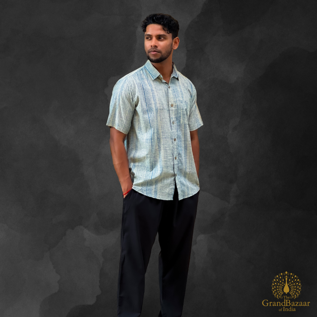 Handwoven Cotton Short-Sleeve Shirt – Subtle Stripes (MSHIRT-HALF-36-S24)