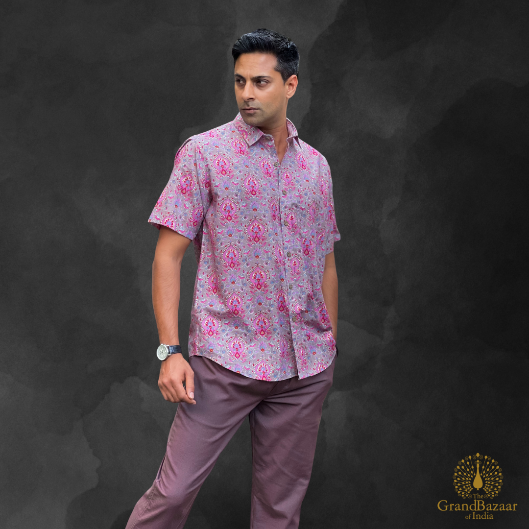 Men’s Handcrafted Cotton Printed Shirt – Pink & Grey Floral Motif (MSHIRT-HALF-29-JL25)