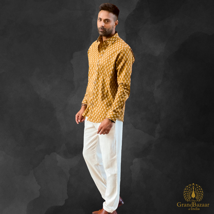 Men's Mustard Yellow Printed Cotton Shirt - 39 S24