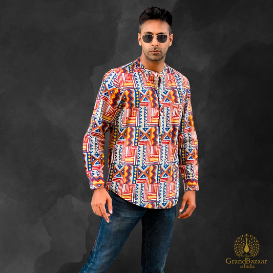 Vibrant Tribal Print Full-Sleeve Shirt (MSHORT-KURTA-20-S24)