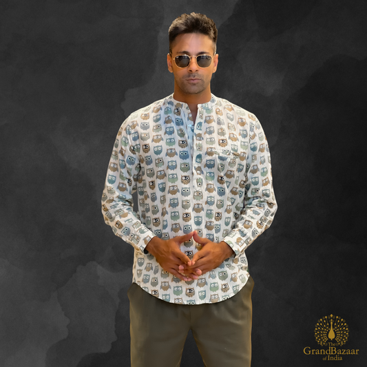 Men's Casual Owl Print Shirt - (MSHORT-KURTA-14-S24)