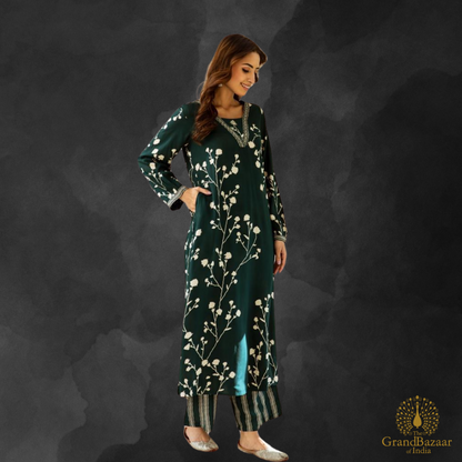 Elegant Forest Green Floral Kurti Set