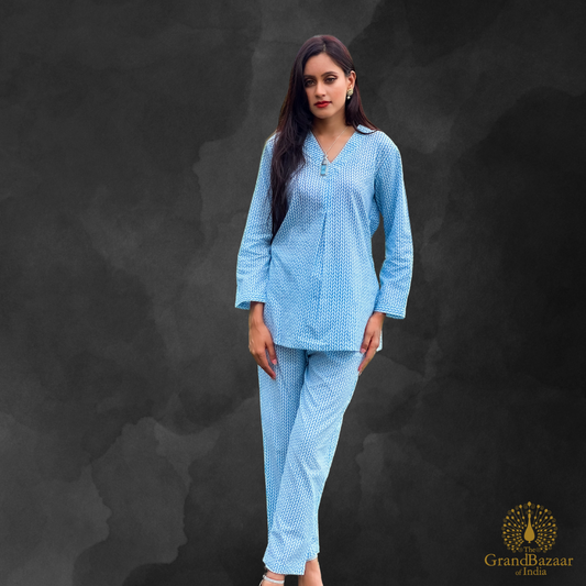 Sky Blue Printed Cotton Co-ord Set – Casual & Ethnic Wear (CST-20-S24)