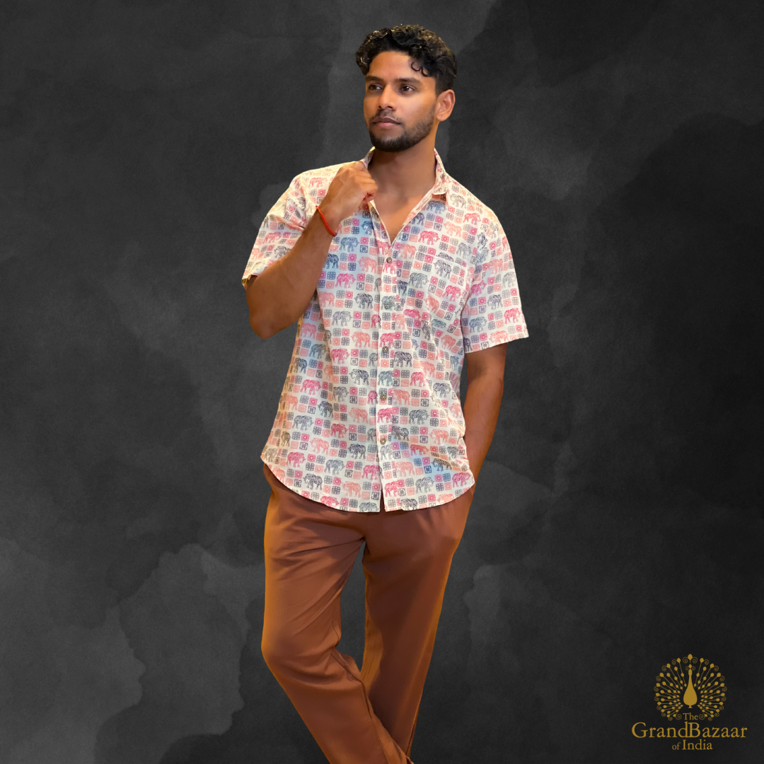 Men’s Ethnic Elephant Print Short-Sleeve Shirt (MSHIRT-HALF-24-S24)