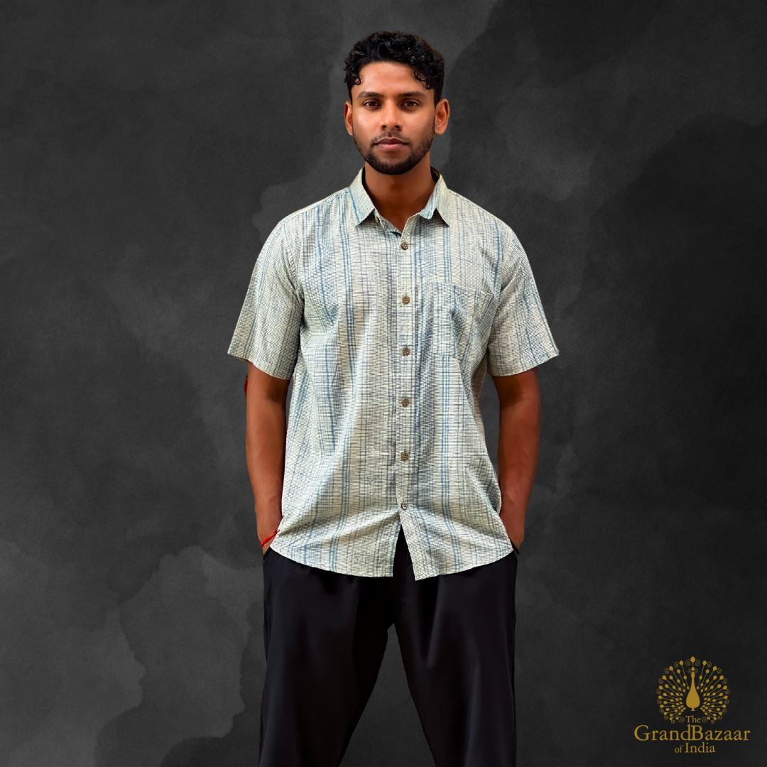 Handwoven Cotton Short-Sleeve Shirt – Subtle Stripes (MSHIRT-HALF-36-S24)