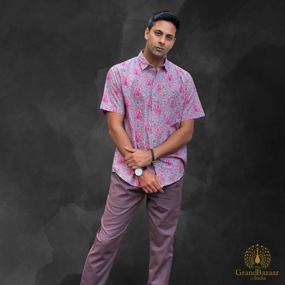 Men’s Handcrafted Cotton Printed Shirt – Pink & Grey Floral Motif (MSHIRT-HALF-29-JL25)