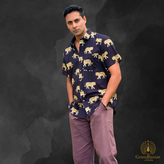 Men’s Cotton Printed Shirt – Black with Golden Tiger Motif(MSHIRT-HALF-34-JL25)